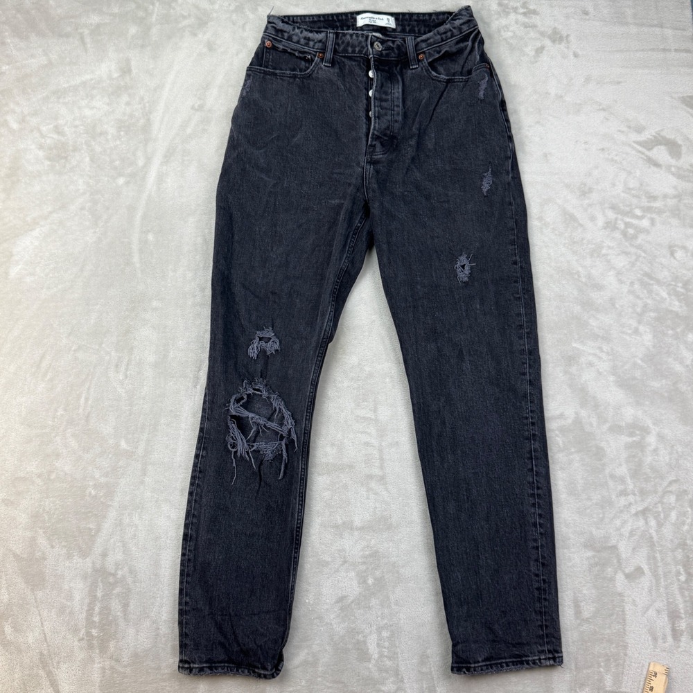 Abercrombie Jeans Women 2 Black Curve Love Dad High Rise Distressed Denim